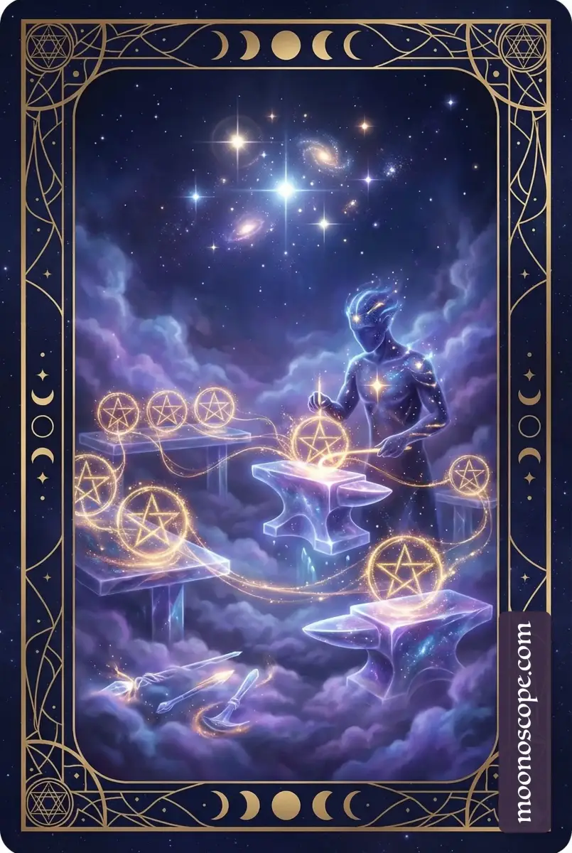 Illustration du Huit de Pentacles montrant un artisan concentré travaillant sur son craft avec huit pentacles autour de lui