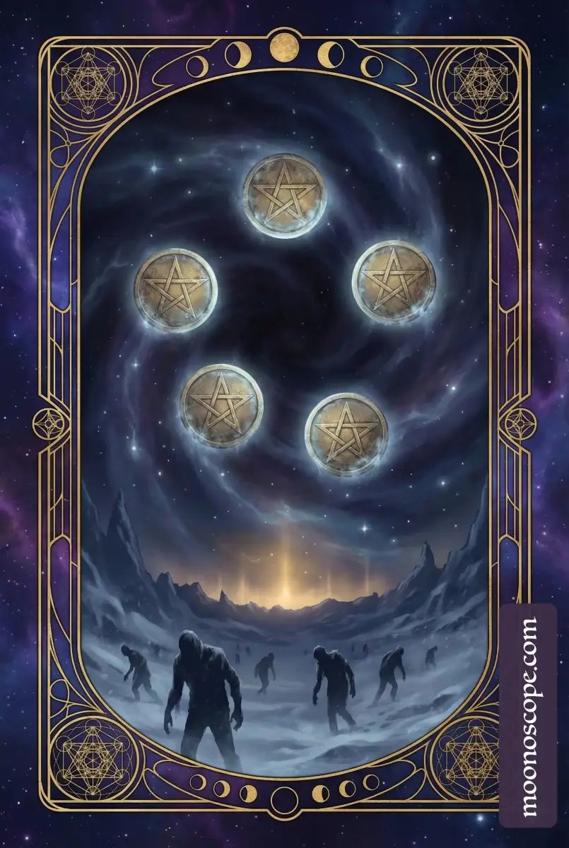 Fünf der Münzen Tarotkarte: zwei Figuren in der Kälte neben einem beleuchteten Fenster, symbolisiert Mangel und Hoffnung