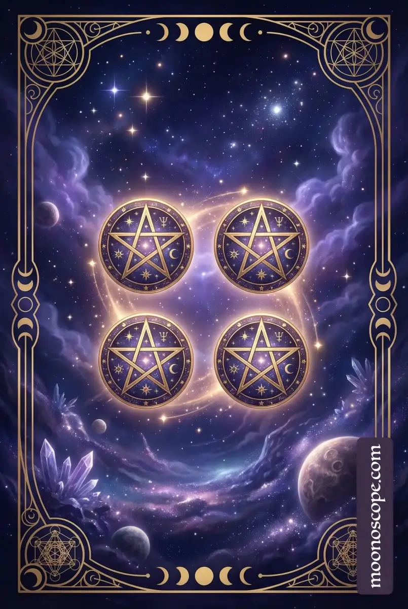 Le Quatre de Pentacles en tarot : une figure tenant fermement des pentacles, symbolisant la stabilité et le contrôle des ressources