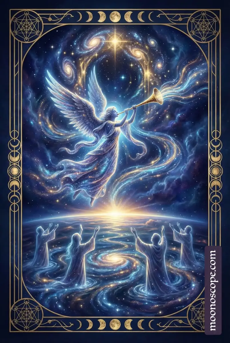 Judgement Tarot Karte – Erzengel Gabriel mit Trompete, auferstehende Figuren, Symbol für Erwachen und Transformation