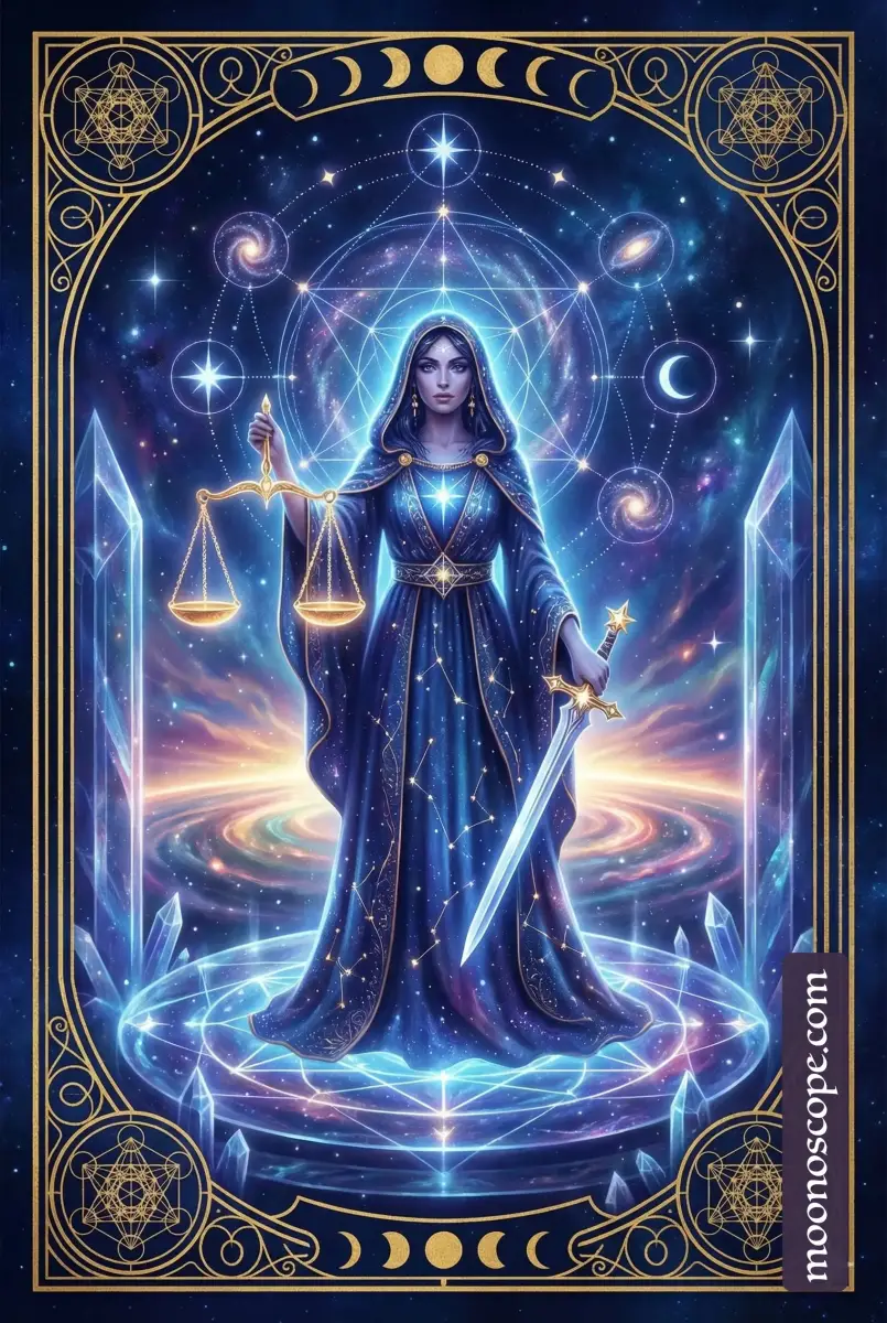 Justice Tarot Karte: Figur mit Waage und Schwert, Symbol für Gerechtigkeit und Wahrheit