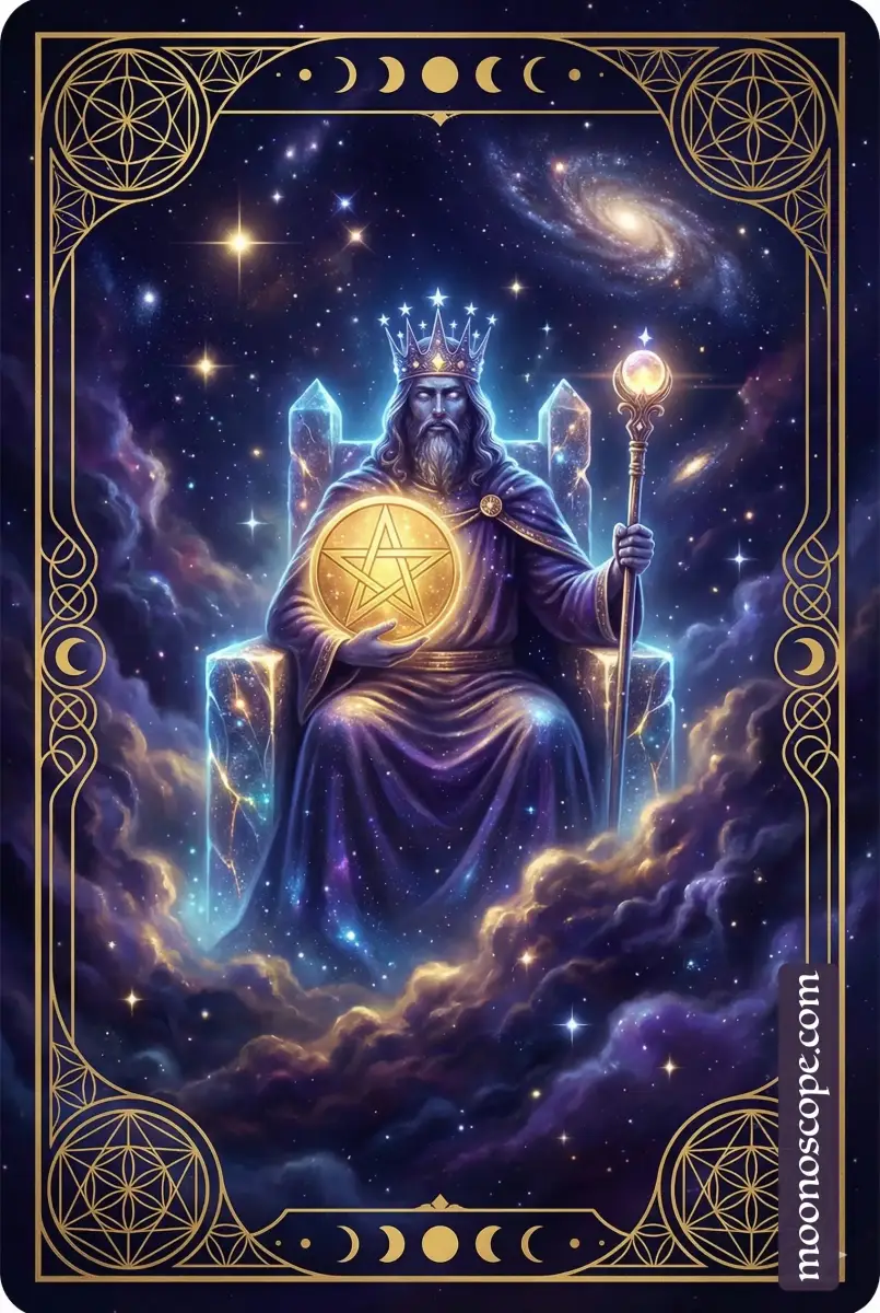 Roi de Pentacles tarot : figure royale couronnée tenant un pentacle, symbole de prospérité et d'autorité matérielle