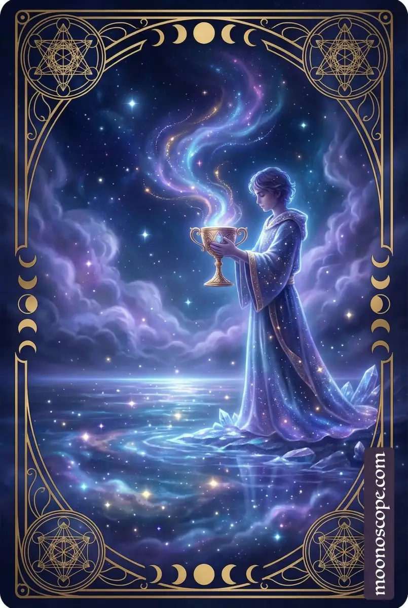 Page of Cups : jeune figure tenant un calice avec un poisson, symbole de l'intuition et des émotions profondes