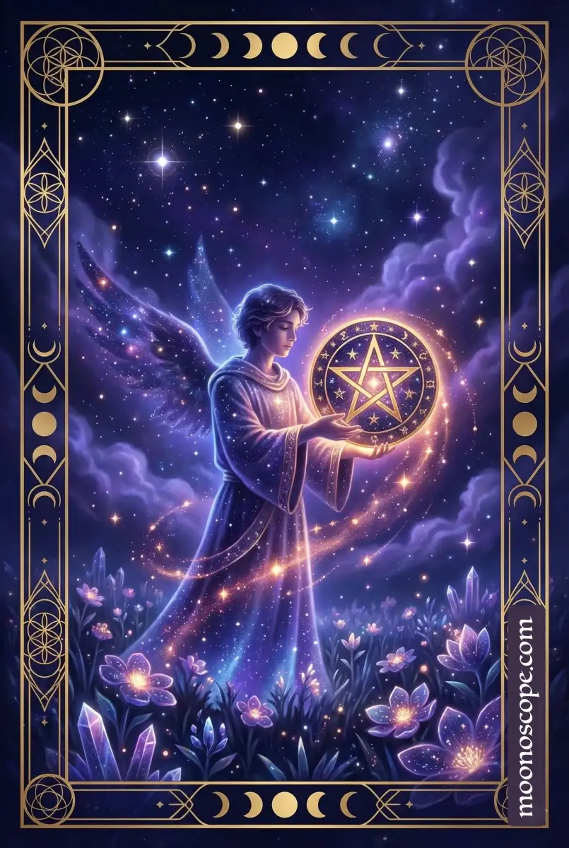 Page of Pentacles tarot card : jeune étudiant tenant un pentacle d'or, symbolisant l'apprentissage et les opportunités matérielles