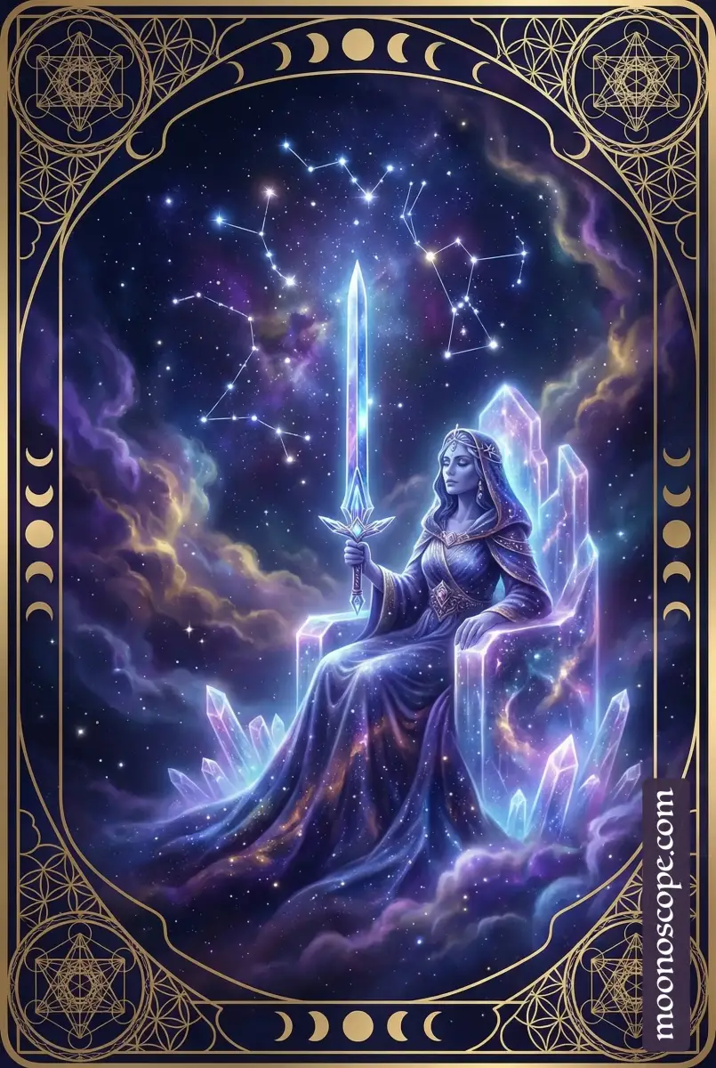 Reine d'Épées du tarot, femme assise sur un trône tenant une épée pointée vers le ciel, symbole de clarté et d'indépendance intellectuelle