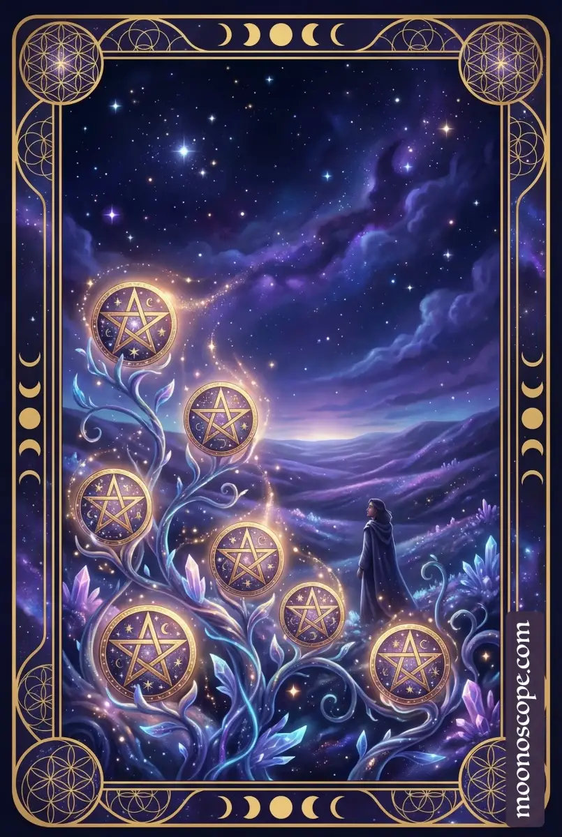 Sept de Deniers tarot : figure contemplative évaluant son travail et ses ressources