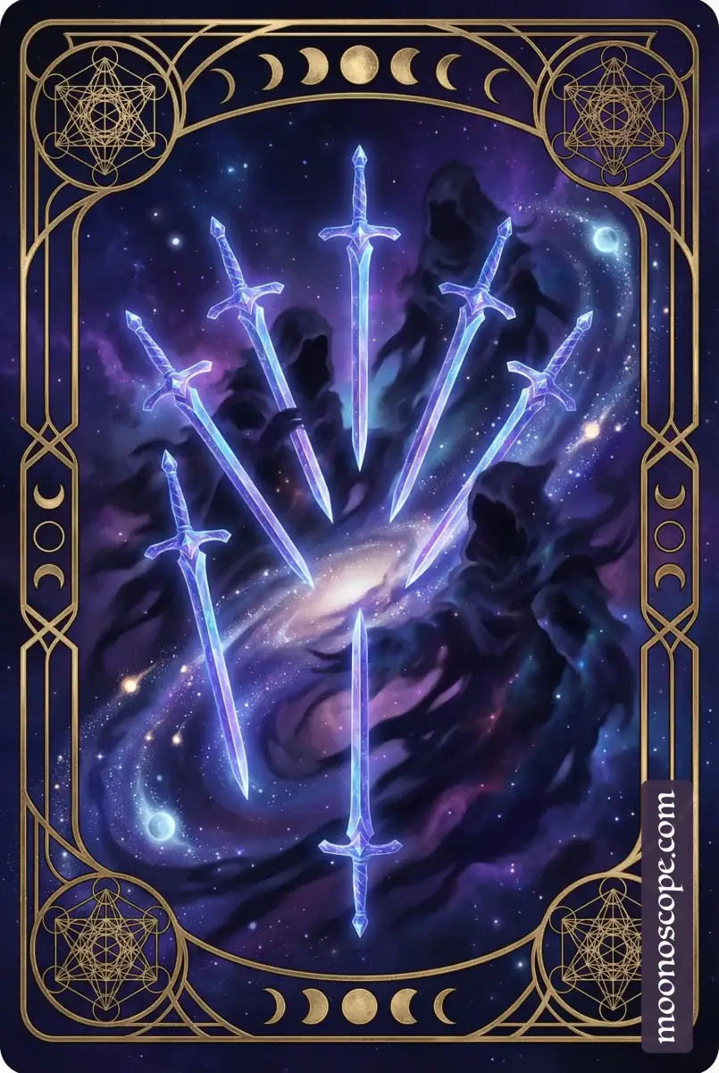 Sept d'Épées au tarot : figure s'enfuyant discrètement avec des épées, symbolisant la ruse et les secrets