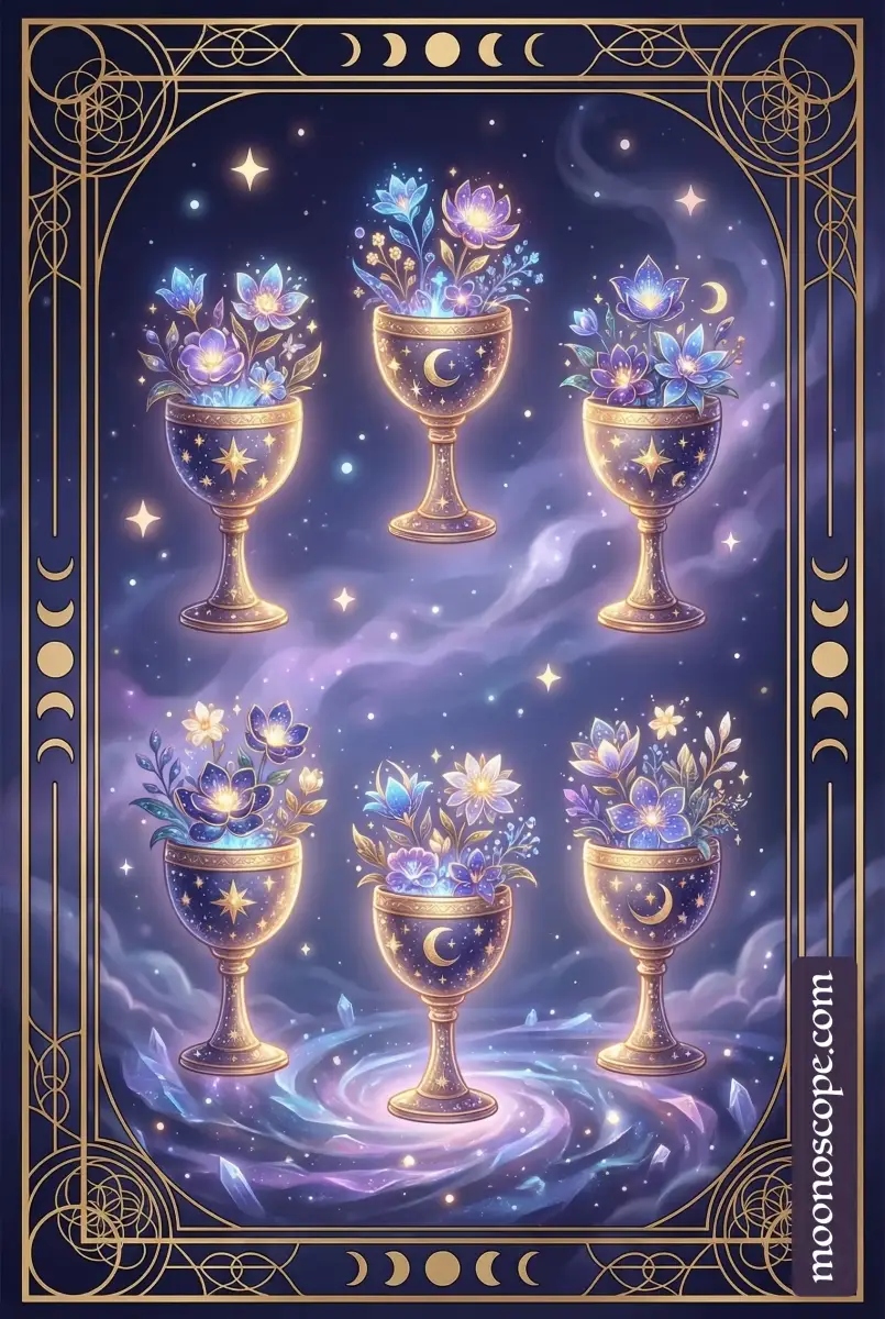 Six of Cups tarot card showing two children exchanging flowers in a garden setting, representing innocence and emotional connection