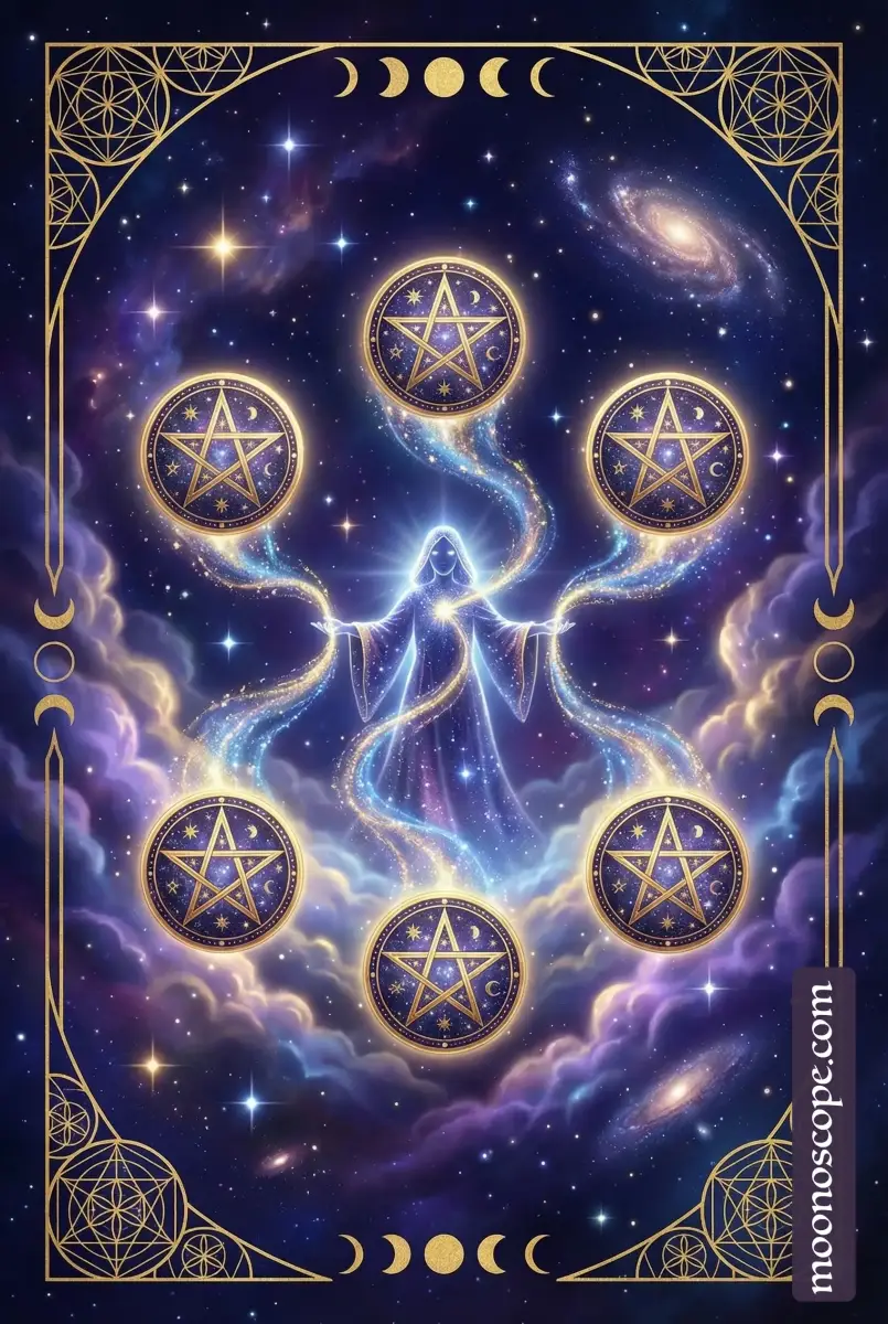Six of Pentacles : figure distribuant généreusement des pièces d'or, balance symbolisant l'équité et le partage équilibré