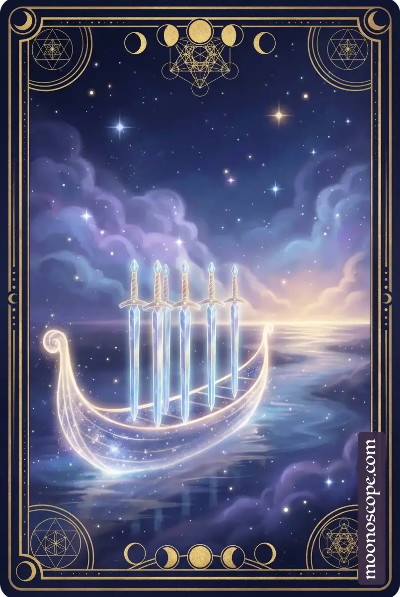 Six of Swords tarot : barque avec passagers naviguant vers des eaux calmes, épées symbolisant la transition mentale