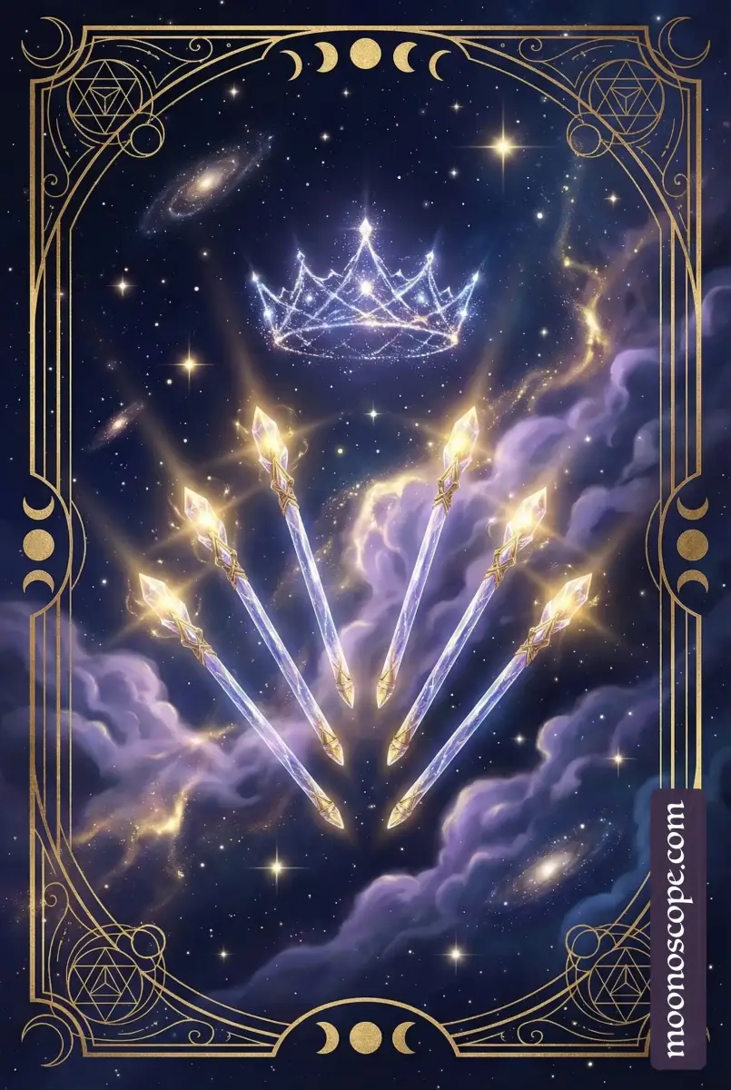 Six of Wands : figure couronnée à cheval, saluée par une communauté, bâtons dressés symbolisant l'ascension et la reconnaissance