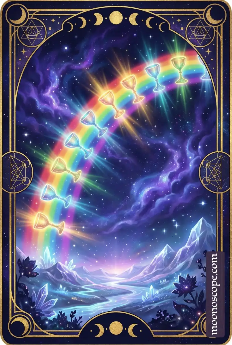 Le Dix de Coupes en tarot : une famille heureuse réunie sous un arc-en-ciel avec dix coupes d'or