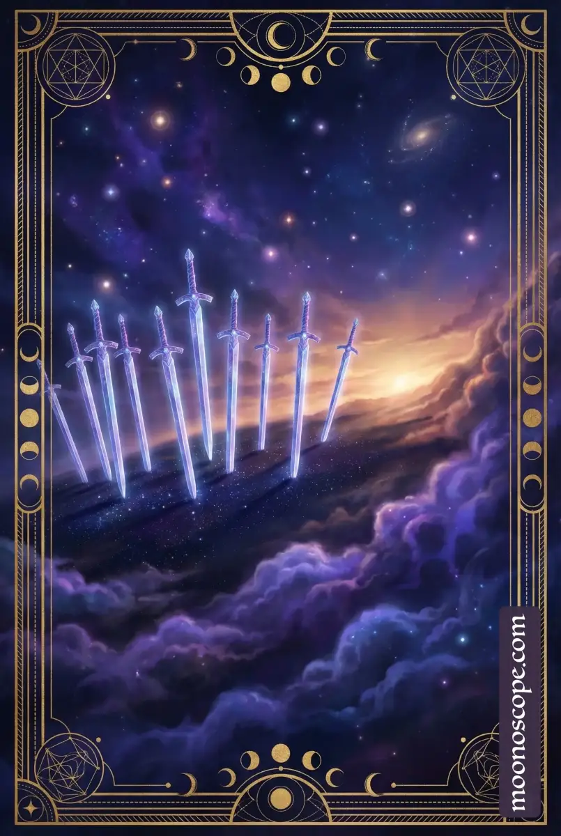 Dix d'Épées tarot card - figure transpercée d'épées sous un ciel sombre