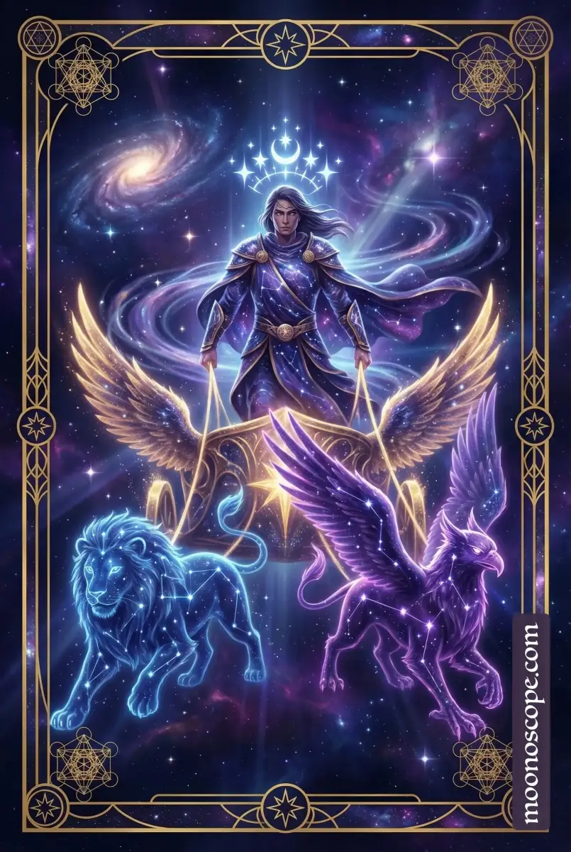 Der Wagen Tarotkarte zeigt einen Wagenlenker mit Krone, der zwei gegensätzliche Sphinxen lenkt – Symbol für Willenskraft und Balance