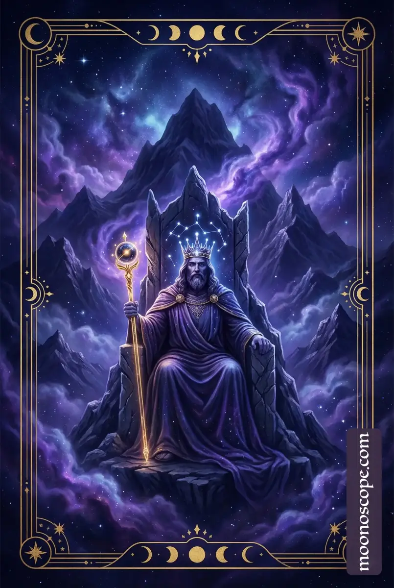 Der Kaiser Tarotkarte – Ein würdevoller Herrscher auf seinem Thron mit Zepter und Krone, symbolisierend für Autorität und Struktur