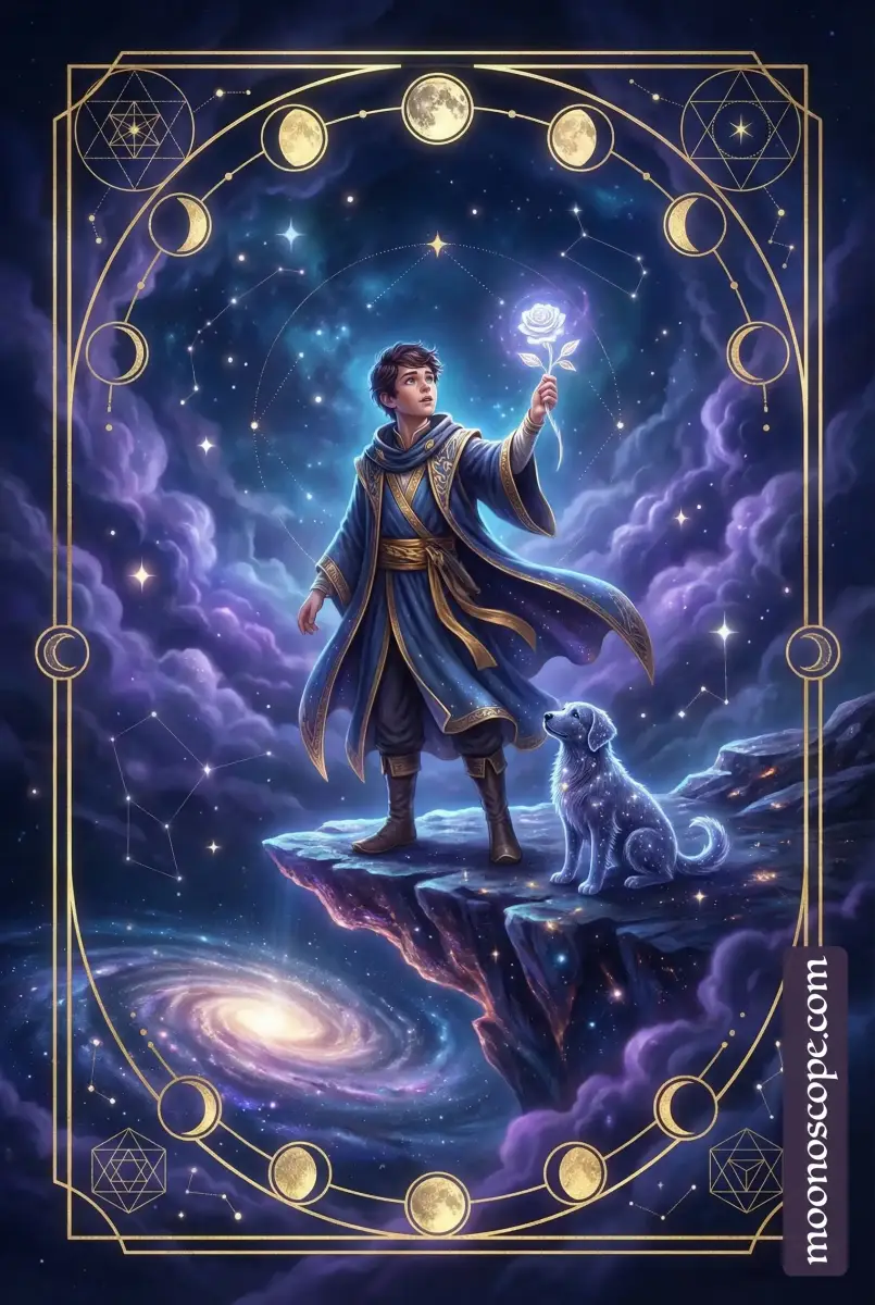 Der Narr Tarotkarte: Wanderer am Rand einer Klippe mit Hund und bunter Kleidung, Symbol für Neubeginn und Vertrauen