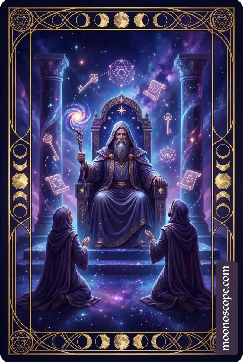 Le Hiérophante : figure spirituelle en robes pontificales tenant les clés de la sagesse et levant la main en bénédiction