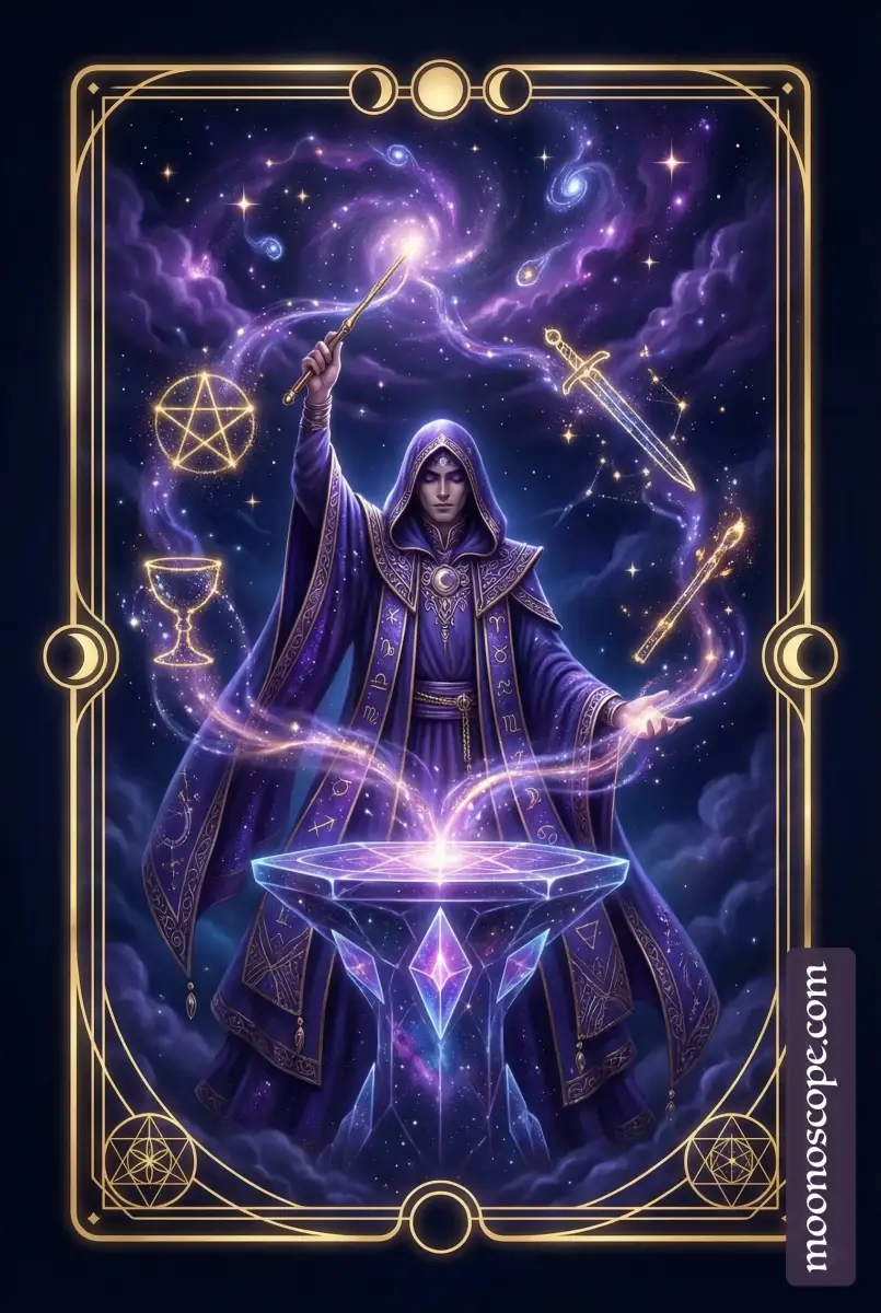 Le Magicien du tarot en position droite avec les quatre outils et le symbole de l'infini