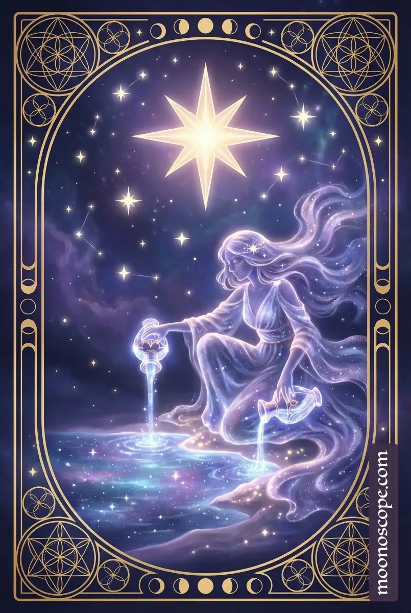 Der Stern Tarotkarte: Eine Frau gießt Wasser unter strahlenden Sternen aus
