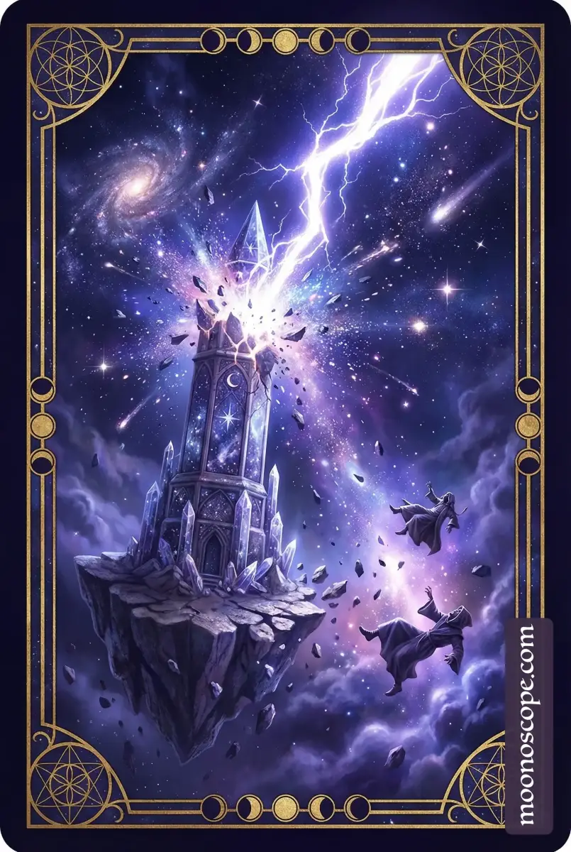 Der Turm Tarotkarte: Ein von Blitz getroffener Turm mit fallenden Figuren, symbolisiert plötzliche Veränderung und Transformation