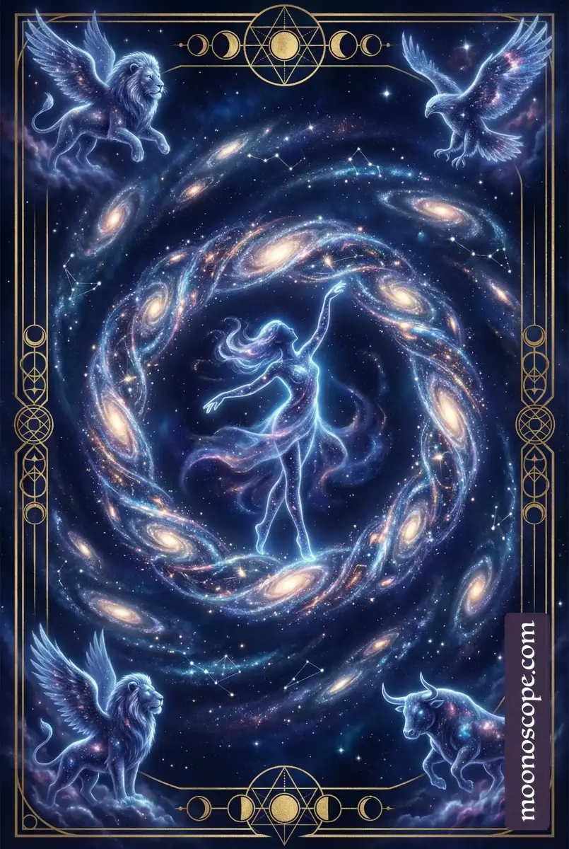 Die Welt Tarotkarte: Eine Figur in einem Kranz mit vier symbolischen Wesen, die Ganzheit und Erfüllung darstellt