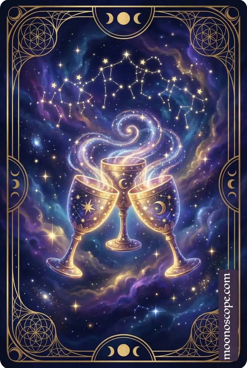 Trois de Coupes du tarot : trois figures levant ensemble leurs coupes dans une célébration d'harmonie et de connexion émotionnelle