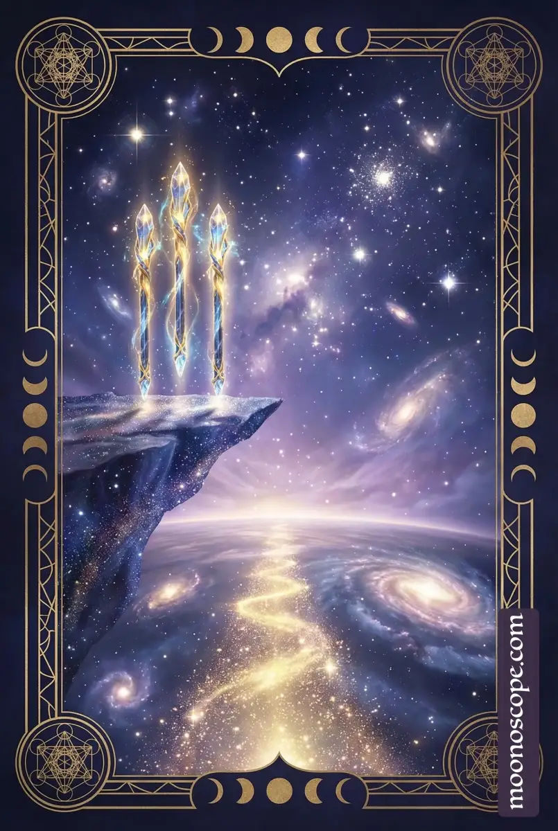 Trois de Bâtons tarot : figure contemplant l'horizon avec trois bâtons ancrés dans la terre
