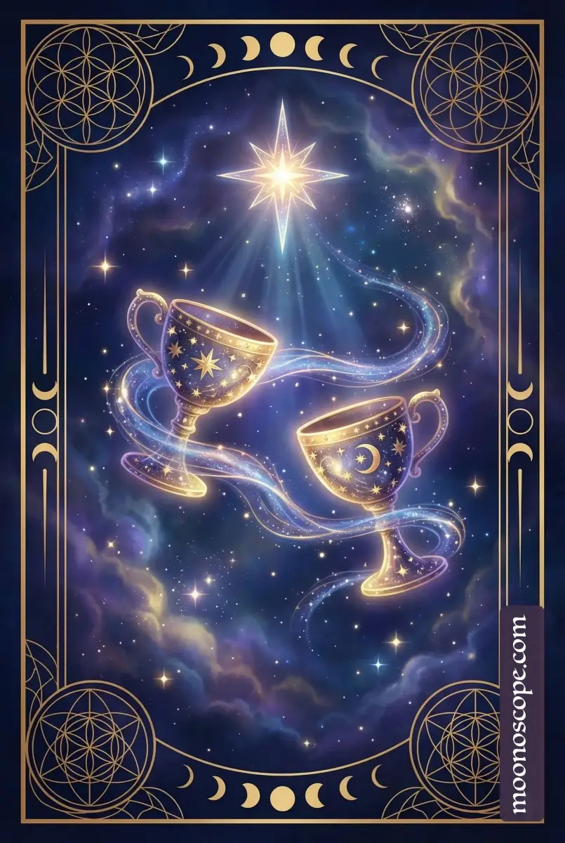 Zweier der Kelche Tarot-Karte mit zwei Figuren, die sich einander zuwenden und Kelche austauschen