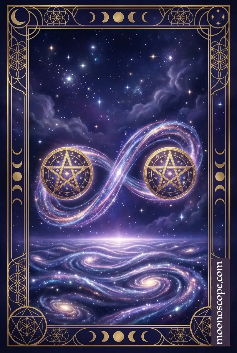 Deux de Pentacles : figure jonglant deux pentacles avec grâce et mouvement fluide