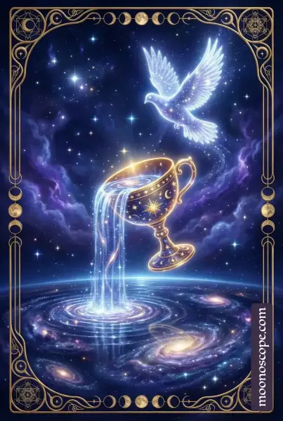 Tarotkarte Kelch-Ass mit strahlendem Kelch und himmlischer Energie, Symbol für emotionale Neuanfänge