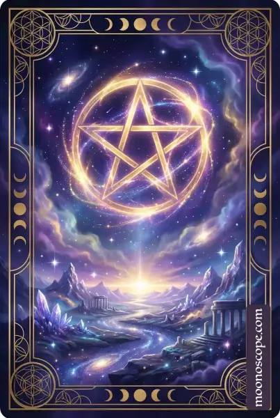 Ass der Münzen Tarotkarte: goldene Münze in einer Hand, Symbol für Wohlstand und neue finanzielle Chancen