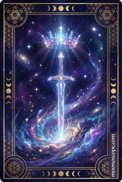 Ass der Schwerter Tarotkarte: ein aufrechtes Schwert umgeben von Wolken und himmlischem Licht