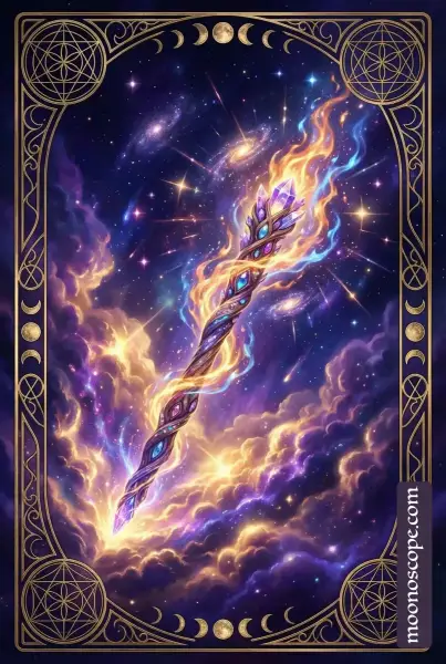 Tarotkarte Stab-Ass: Ein leuchtender Stab mit grünen Blättern, der aus Wolken hervortritt, symbolisiert Inspiration und Neuanfang