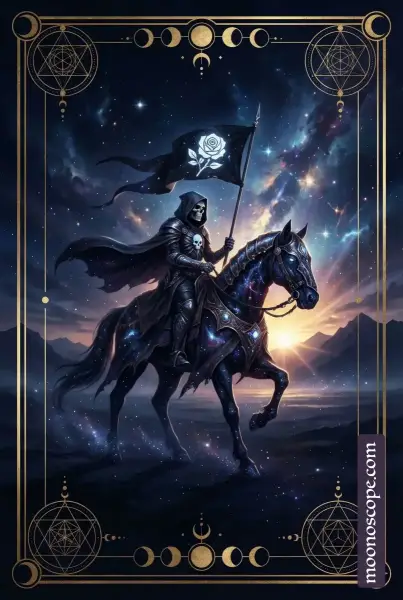 Der Tod Tarotkarte: Skelett in schwarzer Rüstung mit Sense auf weißem Pferd, Sonne am Horizont