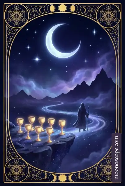 Acht der Kelche Tarotkarte – Figur verlässt sieben Kelche und geht aufwärts einem unbekannten Weg entgegen