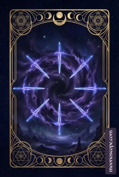 Acht der Schwerter Tarotkarte: Eine gefesselte Figur umgeben von Schwertern unter bewölktem Himmel