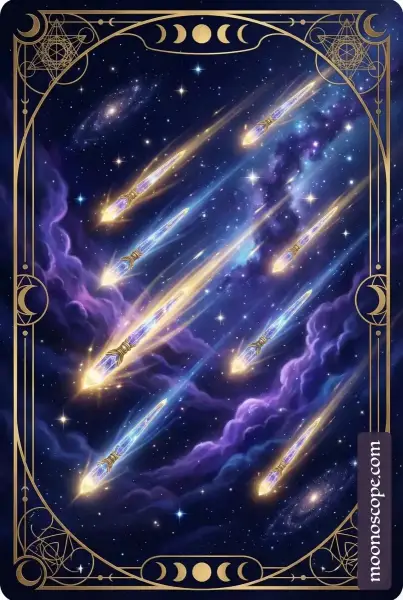 Acht der Stäbe Tarotkarte mit fliegenden Stäben, die schnelle Bewegung und Fortschritt symbolisieren