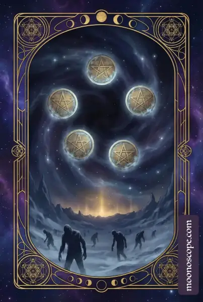 Fünf der Münzen Tarotkarte: zwei Figuren in der Kälte neben einem beleuchteten Fenster, symbolisiert Mangel und Hoffnung