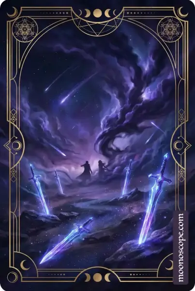 Tarotkarte Fünf der Schwerter: Figur mit Schwertern unter bewölktem Himmel, symbolisiert Konflikt und schwierige Entscheidungen