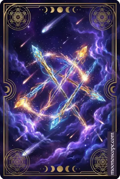 Fünf der Stäbe Tarotkarte: fünf verflochtene Stäbe in Konflikt und Spannung
