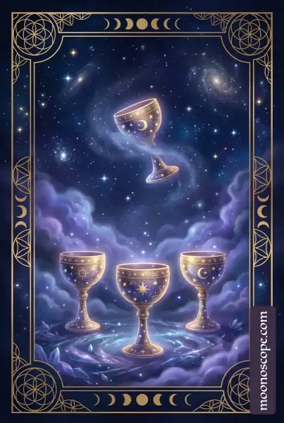 Vier der Kelche Tarotkarte: Sitzende Figur mit drei Kelchen vor sich und einer vierten von oben, symbolisierend verpasste Chancen und innere Unzufriedenheit
