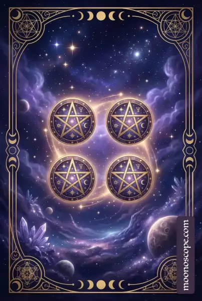 Vier der Münzen Tarot Karte – eine Figur hält vier Münzen fest in den Händen und verkörpert Kontrolle und Sicherheit