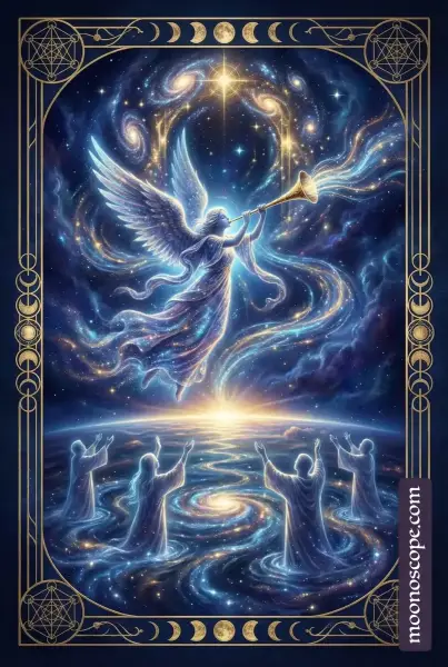Judgement Tarot Karte – Erzengel Gabriel mit Trompete, auferstehende Figuren, Symbol für Erwachen und Transformation