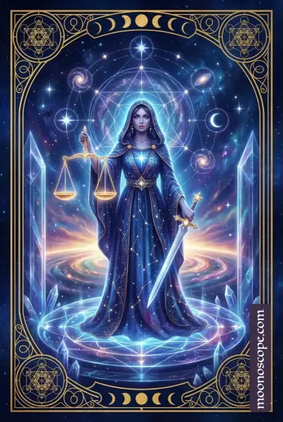 Justice Tarot Karte: Figur mit Waage und Schwert, Symbol für Gerechtigkeit und Wahrheit
