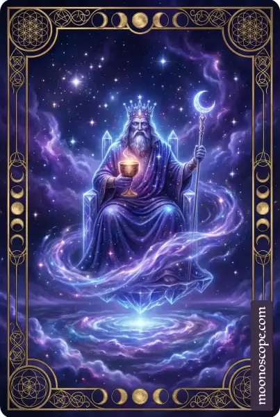 König der Kelche Tarot-Karte: Ein würdevoller Mann sitzt auf einem Thron über ruhigen Gewässern und hält einen Kelch in den Händen, symbolisiert emotionale Meisterschaft und innere Stabilität