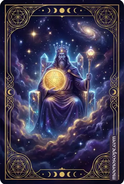 König der Pentakel Tarotkarte: Ein würdevoller König auf seinem Thron, umgeben von Pentakeln und Zeichen materiellen Wohlstands