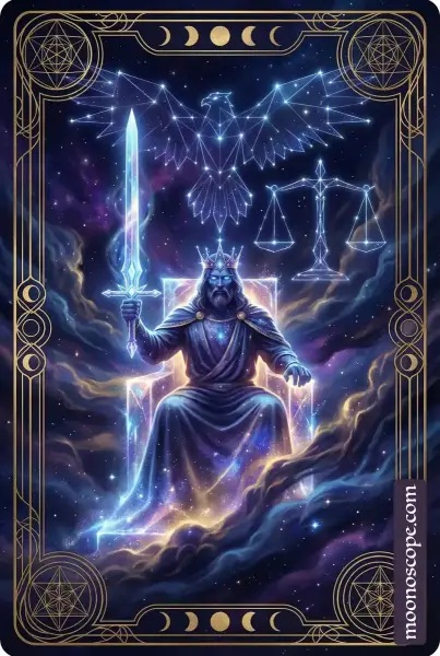 König der Schwerter Tarotkarte: Mann auf Thron mit Schwert, Symbol für Klarheit und intellektuelle Autorität