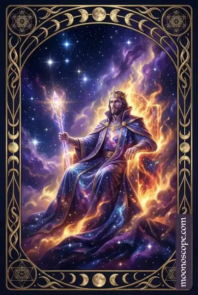 König der Stäbe Tarotkarte: Mann mit Stab und Feuerenergie, Symbol für Leidenschaft und Führung