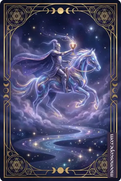 Kelch-Ritter Tarotkarte: ein sensitiver Ritter hält einen Kelch mit emotionaler Präsenz