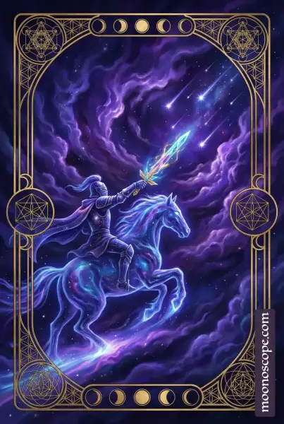 Schwertbubbe Tarot Karte: junger Mann mit Schwert und Schild in aufrechter Körperhaltung